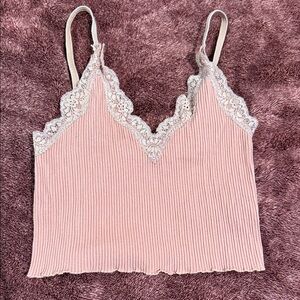 Pink Lace Trim Ribbed Women's Top